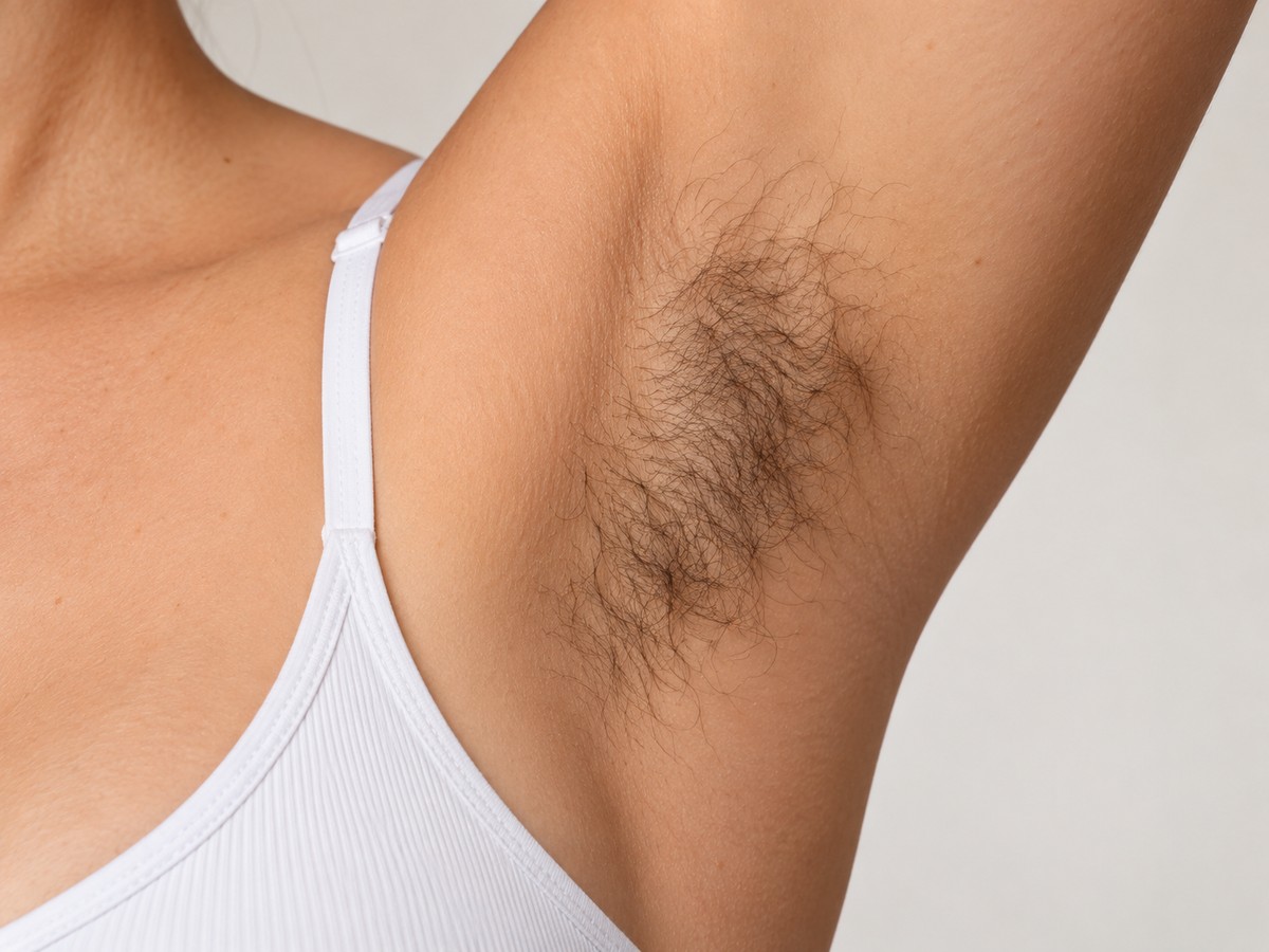 Achselbereich einer Frau mit Haarwuchs – Vorher-Ansicht